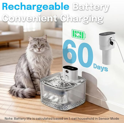 Wireless Cat Water Fountain, 2L Rechargeable Pet Fountain with Stainless Steel Tray, Ultra Quiet Pump, Motion Sensor & Anti-Dry Burn, Auto Water Dispenser for Cats Dogs, White (1 Filter)