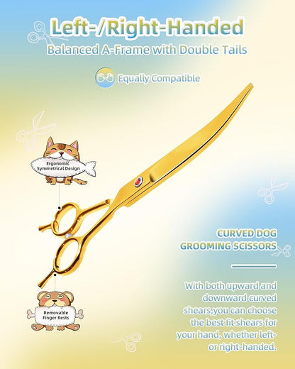 Curved Scissors for Dog Grooming, Dog Grooming Scissors Curved with Noise Reduction Pad, Light Weight,7.5" Pet Cutting Shears Safety Trimming Shearing for Dogs Cats (Curved, Golden)