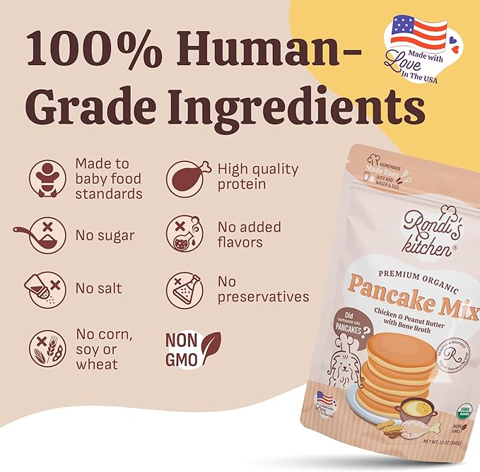 Rondi's Kitchen Organic Dog Pancake Mix - Natural Healthy Treat for All Dogs - Superfood Snack Made with Human-Grade Ingredients - Makes About 38 Pancakes - Chicken & Peanut Butter with Bone Broth