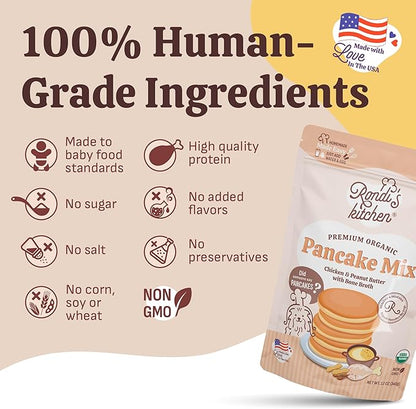 Rondi's Kitchen Organic Dog Pancake Mix - Natural Healthy Treat for All Dogs - Superfood Snack Made with Human-Grade Ingredients - Makes About 38 Pancakes - Chicken & Peanut Butter with Bone Broth