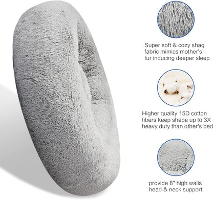 SAVFOX 45 inches Calming Donut Dog Bed - 3X Durable Plush Faux Fur, Machine Washable & Non-Slip, Fits up to 150 lbs, Light Grey