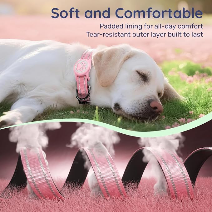 Premium Airtag Dog Collar,with IP68 Waterproof AirTag Holder,Pink,S | Soft，Breathable，Nylon Padded，Reflective，Ultra-Durable Buckle，Adjustable，Comfortable for Small Medium Large Dogs