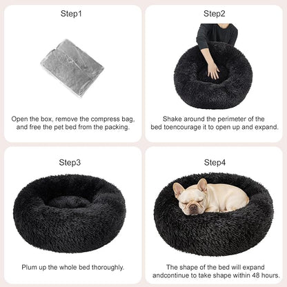 Dog Calming Beds for Medium Large Dogs - Round Donut Washable Puppy Dog Bed, Anti-Slip Faux Fur Fluffy Donut Cuddle Anxiety Cat Pet Bed(36" Black