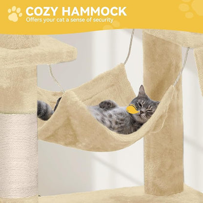 DWVO 190.5 cm Tall Heavy Duty Cat Trees for Large Cats, 75inch Maine Coon Tower for Indoor Large Adult with Snug Hammock, Climbing Ladder, and Plush Balls Adult Cats,Beige