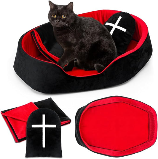 3 Pcs Gothic Cat Bed Set with 19 Inch Washable Coffin Cat Bed Black Tombstone Pillow Red and Black Blanket Gothic Pet Furniture Activity Center for Halloween