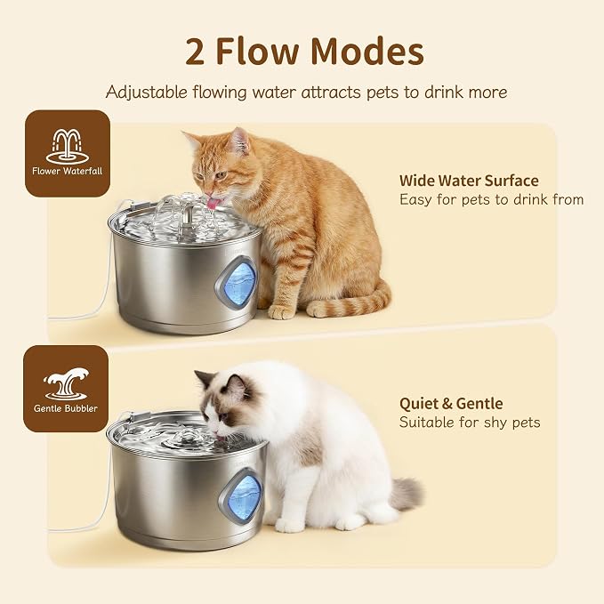 Cat Water Fountain Stainless Steel, 2.8L Quiet Dog Water Fountain | Automatic Quiet Pet Drinking Fountain, Water Level Window, 8 Filters & 8 Sponges - Gift for Small Animals like Dog & Kitty