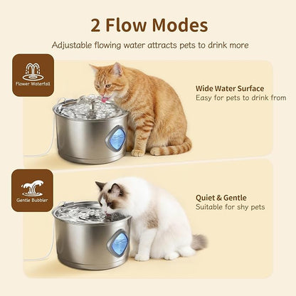 Cat Water Fountain Stainless Steel, 2.8L Quiet Dog Water Fountain | Automatic Quiet Pet Drinking Fountain, Water Level Window, 2 Filters & 2 Sponges - Gift for Small Animals like Dog & Kitty