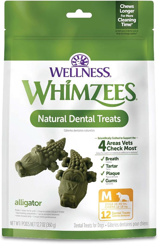 Whimzees Wellness Alligator Dog Dental Treat, Chews, Freshens Breath, Medium Size, 12.7 oz Bag, 12 Count