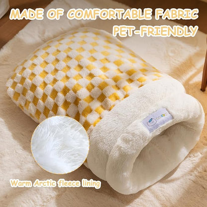 Cat Sleeping Bag, Cat Sleeping Bag for Indoor Cats Self Heating Cozy Winter Soft Plush Self Warm Kittens Indoor Sack 360°Wrap Comfortable Pet Snuggle Sack for Cats up to 8kg/17.6lb (Yellow Plaid)