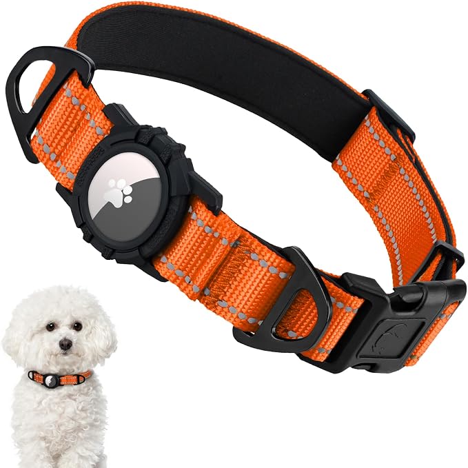 Taglory AirTag Dog Collar with Waterproof Holder for Small Dogs, Orange, S | Reflective for Night Walks & Low-Light Safety, Track Your Pup Peace of Mind, Adjustable Soft Padded, No More Dangling Tags
