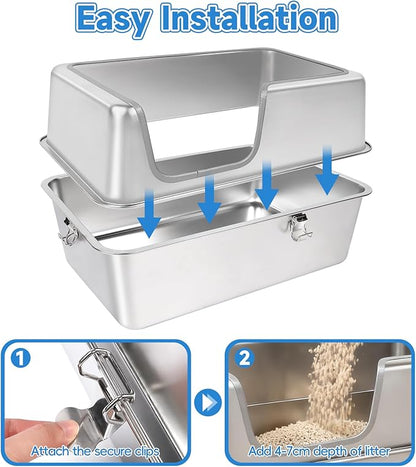 Stainless Steel Cat Litter Box, 23.6" L x 15.7" W x 11.8" H XXL Extra Large Semi Enclosed Removable Metal Litter Tray with High Sided Enclosure, Scoop, Non-Sticky, Easy Cleaning