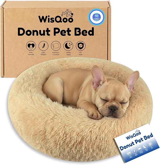 Calming Pet Bed with Water-Resisted Inner Liner – Anti-Anxiety Donut Dog & Cat Bed with Removable Washable Cover – Supportive Plush Nest, Non-Slip & Cushion Protection – Large, Beige