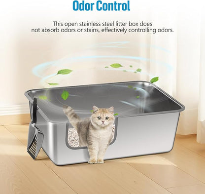 Stainless Steel Cat Litter Box, 23.6" L x 15.7" W x 8" H XXL Extra Large Semi Enclosed Removable Metal Litter Tray with High Sided Enclosure, Scoop, Anti-Leakage, Non-Sticky, Easy Cleaning