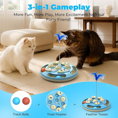 Cat Puzzle Toys Games Level 3 in 1 with Track Balls, Feather Teaser & Treat Feeder | Non-Slip Base | Mental Stimulation Enrichment for Indoor Cat, Dogs| Kitty Gift, Blue