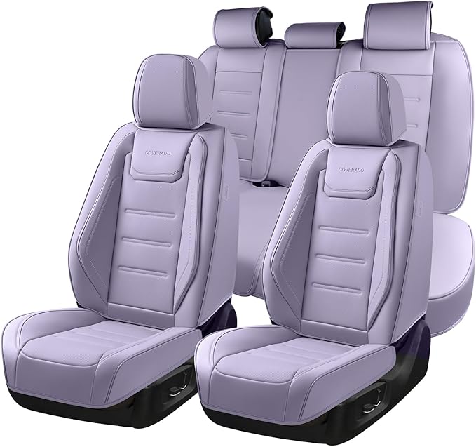 Coverado Car Seat Covers Full Set, Seat Covers for Cars, Car Seat Protector Waterproof, Leather Cushion, Universal Car Interior Covers Seat Protectors for Most Cars Purple