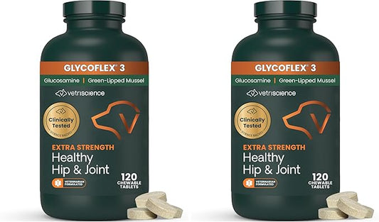 VetriScience Extra Strength Healthy Hip & Joint Chewable Tablets,GlycoFlex Glucosamine and Green-Lipped Mussel JointSupport Supplement for Dogs,Soothe-JointDiscomfort,Chicken,120 Count (Pack of 2)