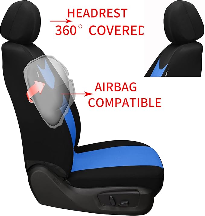 Universal Car Seat Covers for Front Seats, Cloth Front Car Seat Cover, Easy to Install, Breathable and Washable Universal Interior Covers for Auto, SUV, Sedan, Van, Airbag Compatible, Black & Blue