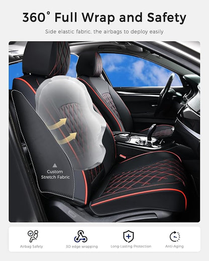 Huidasource Seat Covers, Nappa Leather Car Seat Covers, Velcro Adjustable, Compatible with Airbags, Armrests, Child Seat, Seat Belts, Fit for Most Cars, Vans, Trucks, SUVs (Full Set/Black&Red)