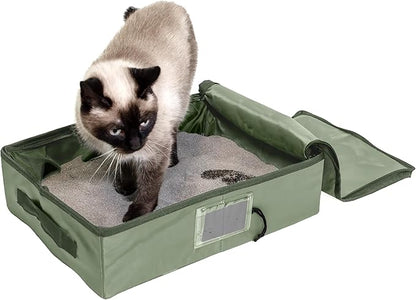 SportPet Designs Portable Travel Litter Box for Cats, Large Collapsible Litter Box with Zippered Lid, Water-Resistant & Leak-Resistant Cat Litter Tray for Travel, Green