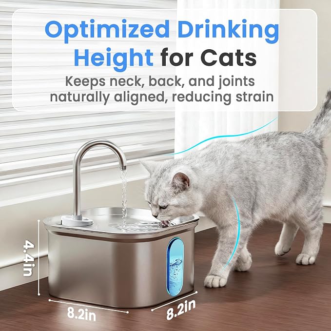 Cat drinking water from a pet fountain with text on optimized drinking height.