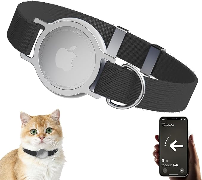 AirTag Cat Collar, Ultra Elastic Cat Tracker Collar with Apple Air Tag Holder, [Lightweight & Scratch Resistant] Stepless Adjustable GPS Pet Tracking Collars for Cats Kittens (Black)