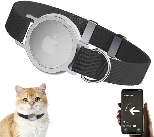 AirTag Cat Collar, Ultra Elastic Cat Tracker Collar with Apple Air Tag Holder, [Lightweight & Scratch Resistant] Stepless Adjustable GPS Pet Tracking Collars for Cats Kittens (Black)