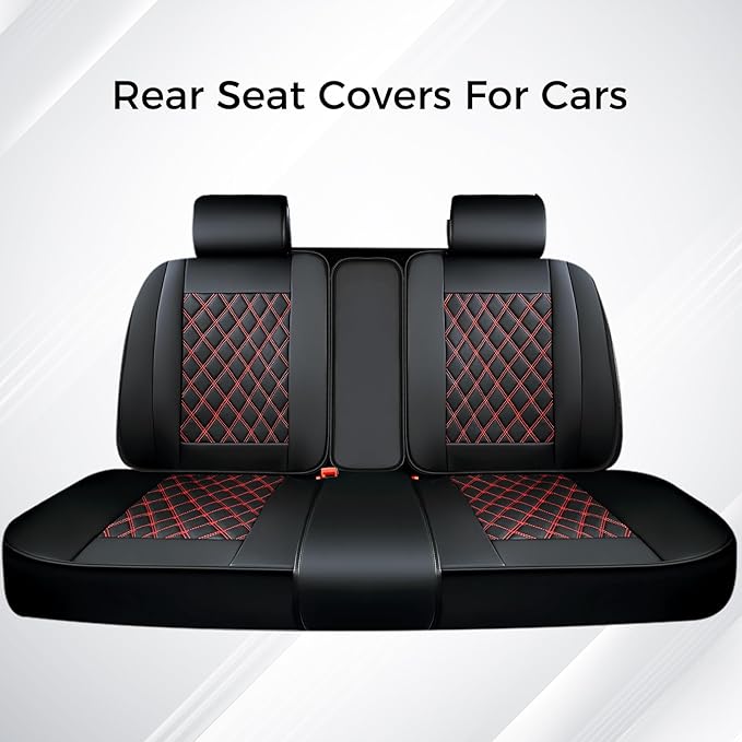 Huidasource Rear Bench Car Seat Covers, Split Back Leather Seat Cover Velcro Adjustable, Compatible with Armrests, Seat Belts, Child Safety Seats, Fit for Most Cars SUVs Trucks (Back Row/Black&Red)