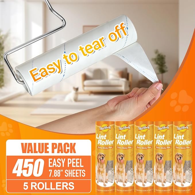 WulaWindy Long Handle Lint Roller for Pet Hair, 450 Sheets, 5 Rolls | Wide lint roller with extendable handle, 450 easy-tear sheets and storage base for pet hair on floors, sofas and carpets.