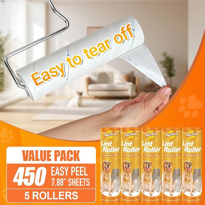 WulaWindy Long Handle Lint Roller for Pet Hair, 450 Sheets, 5 Rolls | Wide lint roller with extendable handle, 450 easy-tear sheets and storage base for pet hair on floors, sofas and carpets.