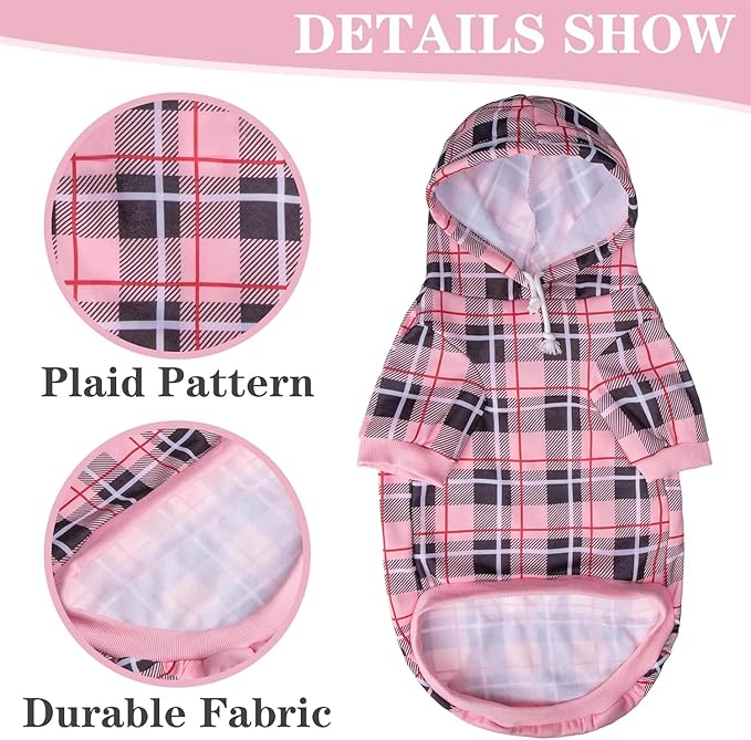 EXPAWLORER Plaid Dog Hoodie - British Style Warm Dog Sweater Shirt with Leash Hole,Pitbull Clothes Outfits,Winter Coat Apparel for All Breeds Puppy Girl Boy-Cat Apparel,Pink Large