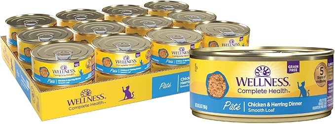 Wellness Complete Health Pate Adult Canned Wet Cat Food, Natural, Protein Rich, Grain Free, Chicken and Herring Dinner Recipe, 5.5 oz, Pack of 24 Cans