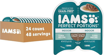 IAMS Perfect Portions Grain Free Wet Cat Food, Indoor Adult Cat Food Wet Cuts in Gravy, Tuna Recipe, (24) 2.6 oz. Twin-Pack Trays