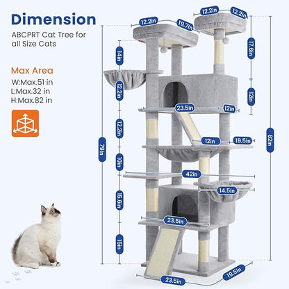 ABCPET Cat Tree 82 in Multi-Level Cat Tower for Indoor Cats, Heavy Duty Large Cat Tree with Sisal Scratching Posts, Hammock, 2 Perches, 2 Condos, 2 Hanging Baskets, Light Grey
