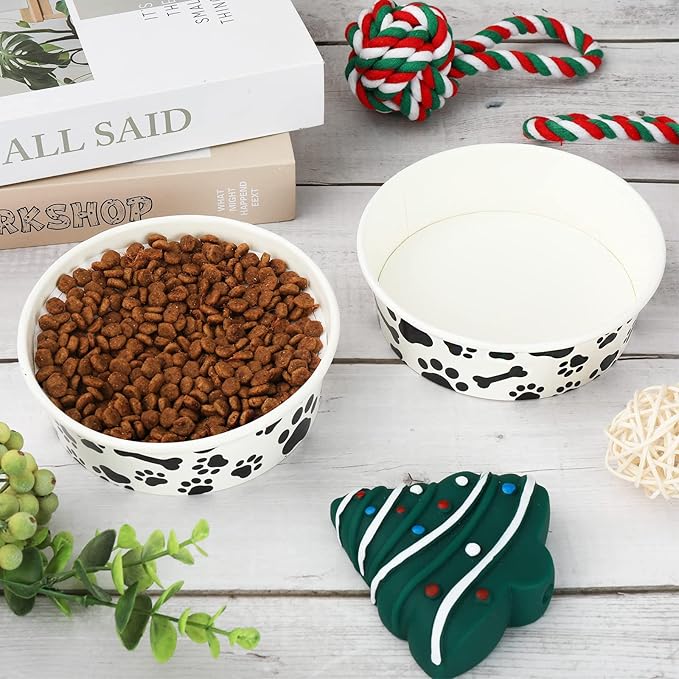 Whaline 50Pcs Pets Disposable Feeding Bowls 16 oz 2 Cup Black White Cute Design Paper Dog Cat Bowls Bulk Bone and Paw Pattern Pets Travel Bowl Serving Water Food Tray for Puppy Kitten Small Dogs Cats