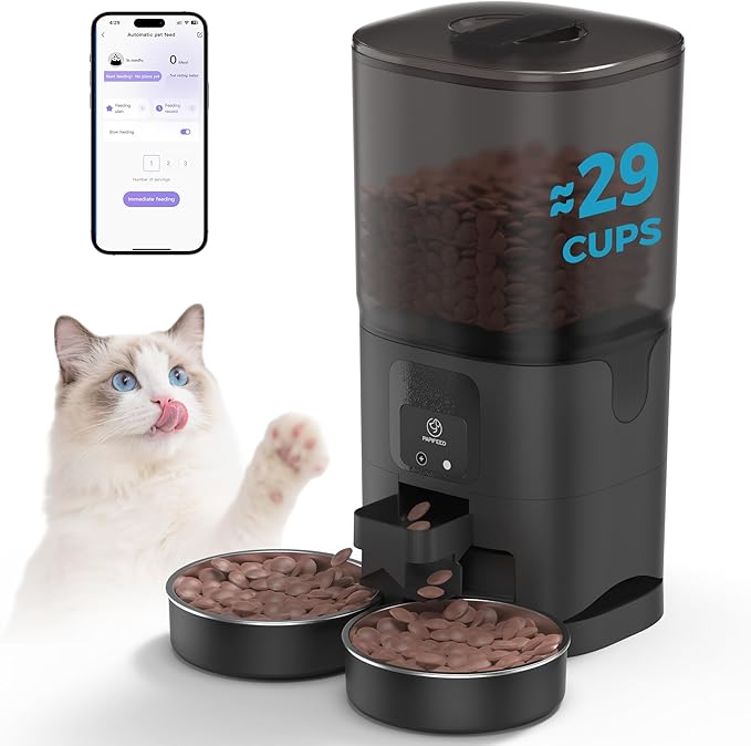 PAPIFEED Automatic Cat Feeder 2 Cats, 2.4G WiFi Cat Food Dispenser with App Control, 7L Slow Feed Timed Cat Feeders for Dry Food, 10 Meals/Day, 12 Portions/Meal, Dual Power Supply