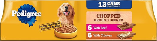 Pedigree Chopped Ground Dinner Wet Dog Food Chicken & Beef Variety Pack, Canned Dog Food, 13.2 oz. Cans (12 Count, Pack of 1)