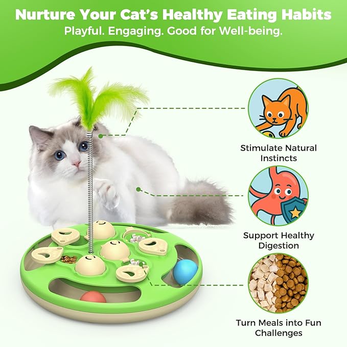 Cat Puzzle Toys Games Level 3 in 1 with Track Balls, Feather Teaser & Treat Feeder | Non-Slip Base | Mental Stimulation Enrichment for Indoor Cat, Dogs | Kitty Gift, Green