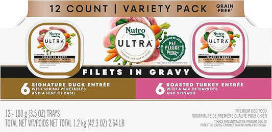 Nutro Ultra Wet Dog Food Grain Free Filets, Adult Dog Food Wet Recipe in Gravy Duck & Roasted Turkey Variety Pack, 3.5 oz. Trays (12 Count, Pack of 1)