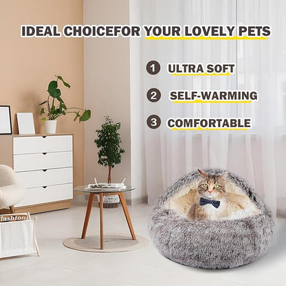 Cat Bed for Indoor Cats, Calming Cozy Cave with Self-Warming Plush, Entire Bed Machine Washable & Anti-Slip Base, Breathable Pet Bed for Small Cats&Dogs All Seasons (Khaki, 20 * 20inch)