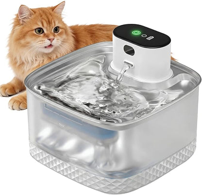 Wireless Cat Water Fountain, 2L Rechargeable Pet Fountain with Stainless Steel Tray, Ultra Quiet Pump, Motion Sensor & Anti-Dry Burn, Auto Water Dispenser for Cats Dogs, White (1 Filter)