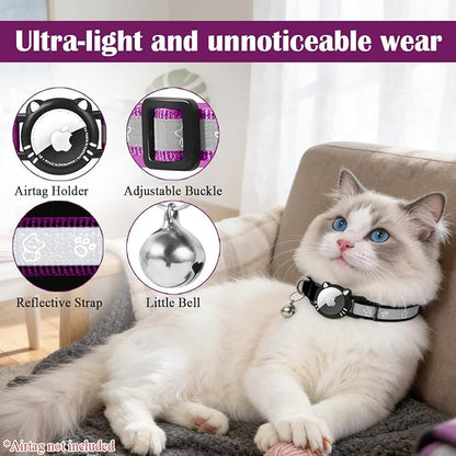 Airtag Cat Collar, Reflective Cat Collar with Apple Air Tag Holder, Breakaway GPS Tracker Pet Collar with Bell for Cat Kitten, Airtag Not Included, Black, S(9-11 Inch)