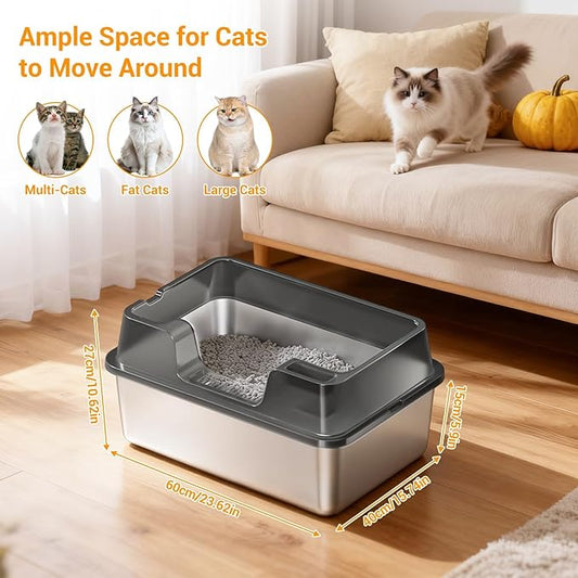 Stainless Steel Litter Box, XL Enclosed Cat Litter Boxes with Lid for Big Cats and Multi-Cats, High Sided, Anti-Urine Leakage Non-Stick Bottom Include Scoop Easy to Clean
