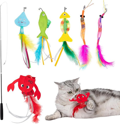 Catify Meow Chase Playset, Retractable Cat Wand Toy with 6 Feather Teaser Cat Toys Attachment, Flexible Cat Teaser Wand for Indoor Cats and Kittens, Cat Fishing Pole Style Toy for Exercise and Bonding