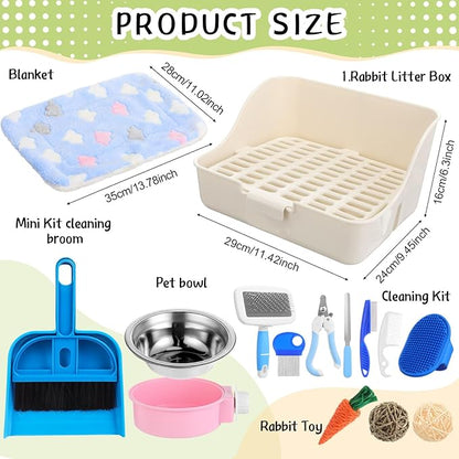 Reallnaive 15 Pcs Rabbit Starter Kit Small Rabbit Litter Box Girls Gift Animal Grooming Kit Bunny Toys Bowl Blankets with Cleaning Set for Guinea Pig Accessories(Multicolor)