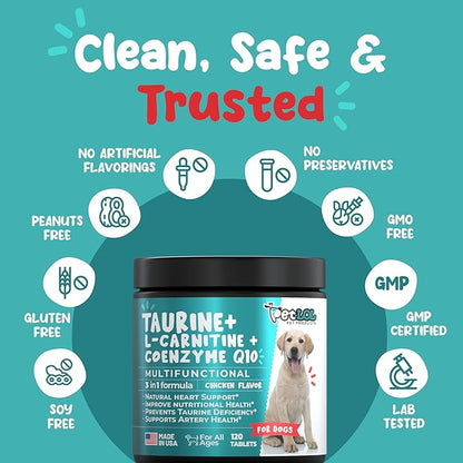 Taurine Supplement for Dogs with L-Carnitine and Coenzyme Q10 (CoQ10): Vet Endorsed for Enlarged Heart (DCM), Congestive Heart Failure, Taurine Deficiency: 3-in-1 | Dog Supplements- 120ct