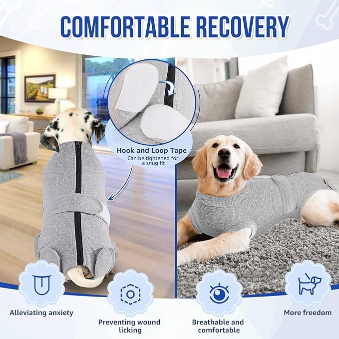 Lukovee Recovery Suit for Dogs, Zipper On Recovery Suit for Female Male Dog, Onesie Abdominal Wounds Cone E-Collar Alternative Prevent Licking Spay Recovery Suit (S,GY)