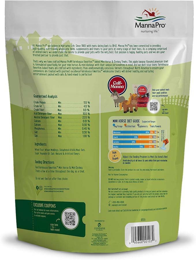 Manna Pro Farmhouse Favorites Mini Horse & Mini Donkey Treats –Baked Snack for Mini Horses & Mini Donkeys – Hand Mixed Treat – Oats, Apple & Banana Flavored – 3lb Bag