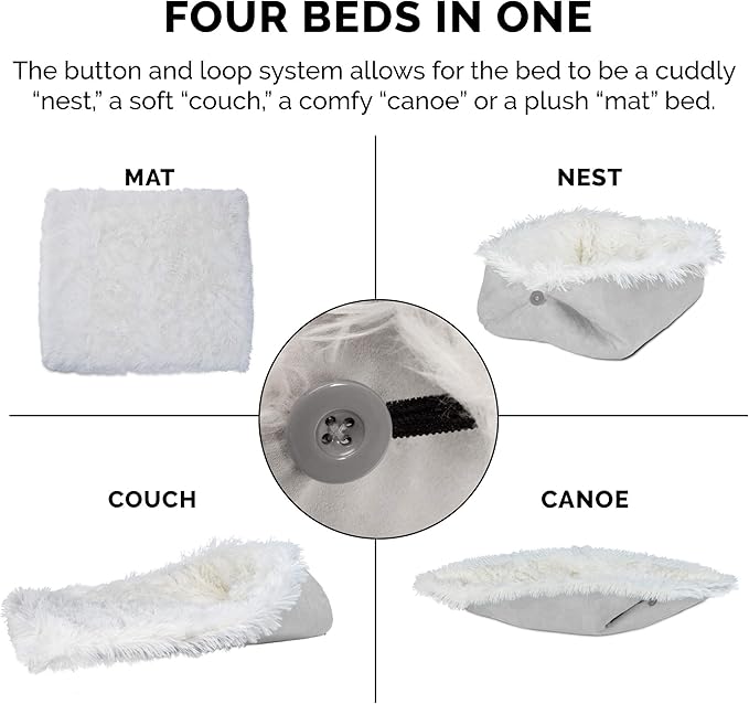 Furhaven Self-Warming Cat Bed for Indoor Cats, 4-Beds-in-1 & Washable - Plush Long Faux Fur Convertible Cuddler - Silver, Large