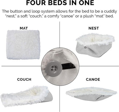 Furhaven Self-Warming Cat Bed for Indoor Cats, 4-Beds-in-1 & Washable - Plush Long Faux Fur Convertible Cuddler - Silver, Large