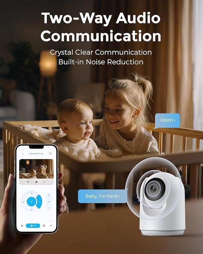 Devo Indoor Security Camera for Home, 2K 360 Pan-Tilt Pet Dog Baby Monitor Camera with Phone App, WiFi Smart Camera Motion Detection, Color Night Vision, 2-Way Audio, 256GB SD White